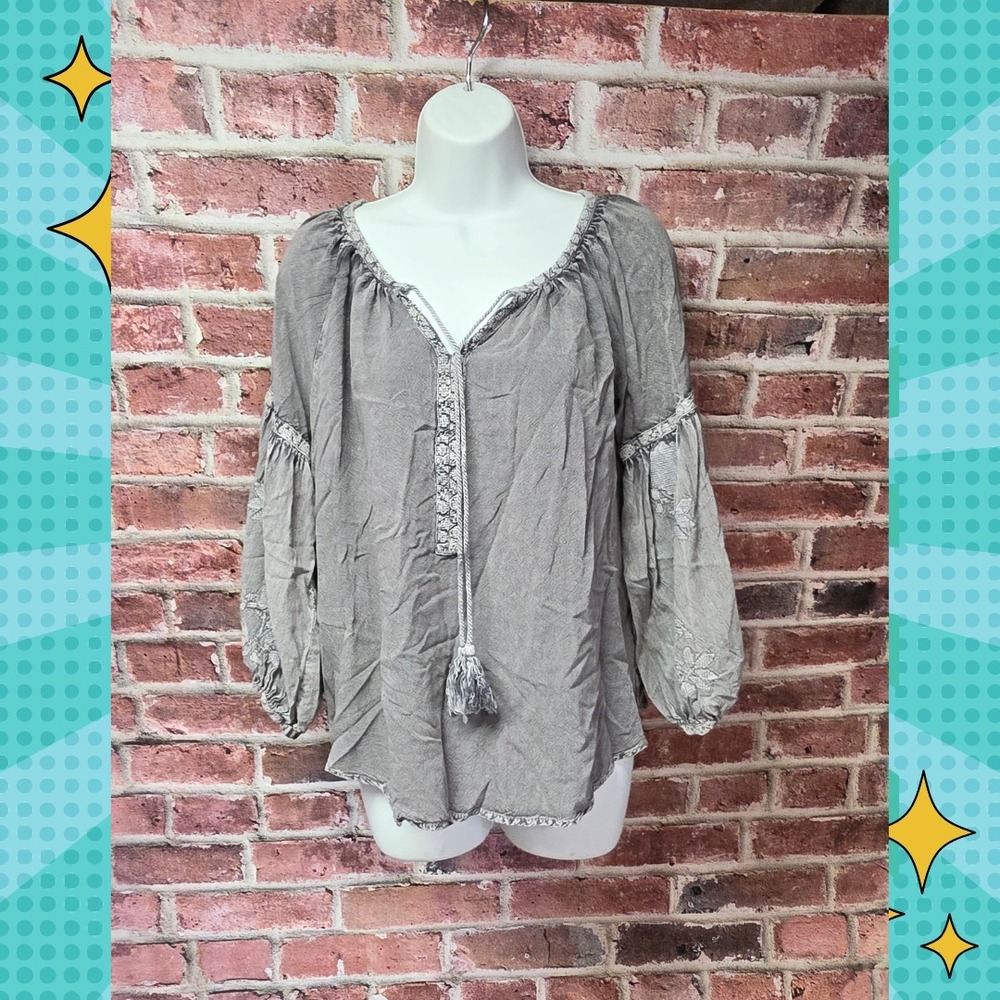 Women's LAFFAIRE Boho 3/4 Puff Sleeves Top Large